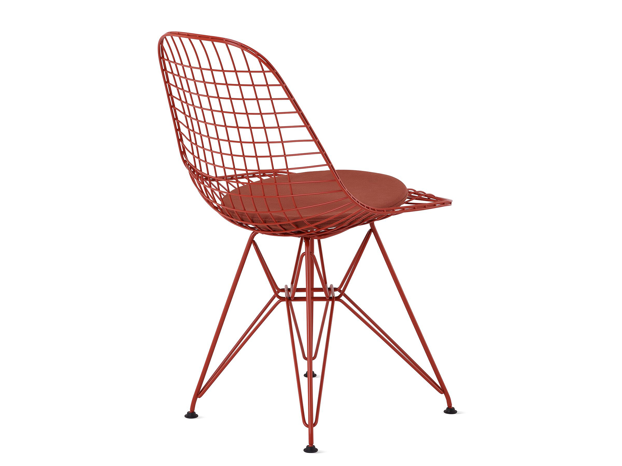 Iron red wire upholstered chair with wire base back angle view